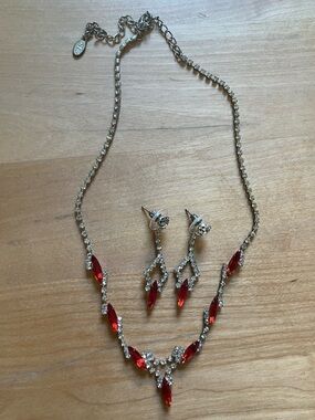 Vintage BW Red Rhinestone Necklace Earrings Set